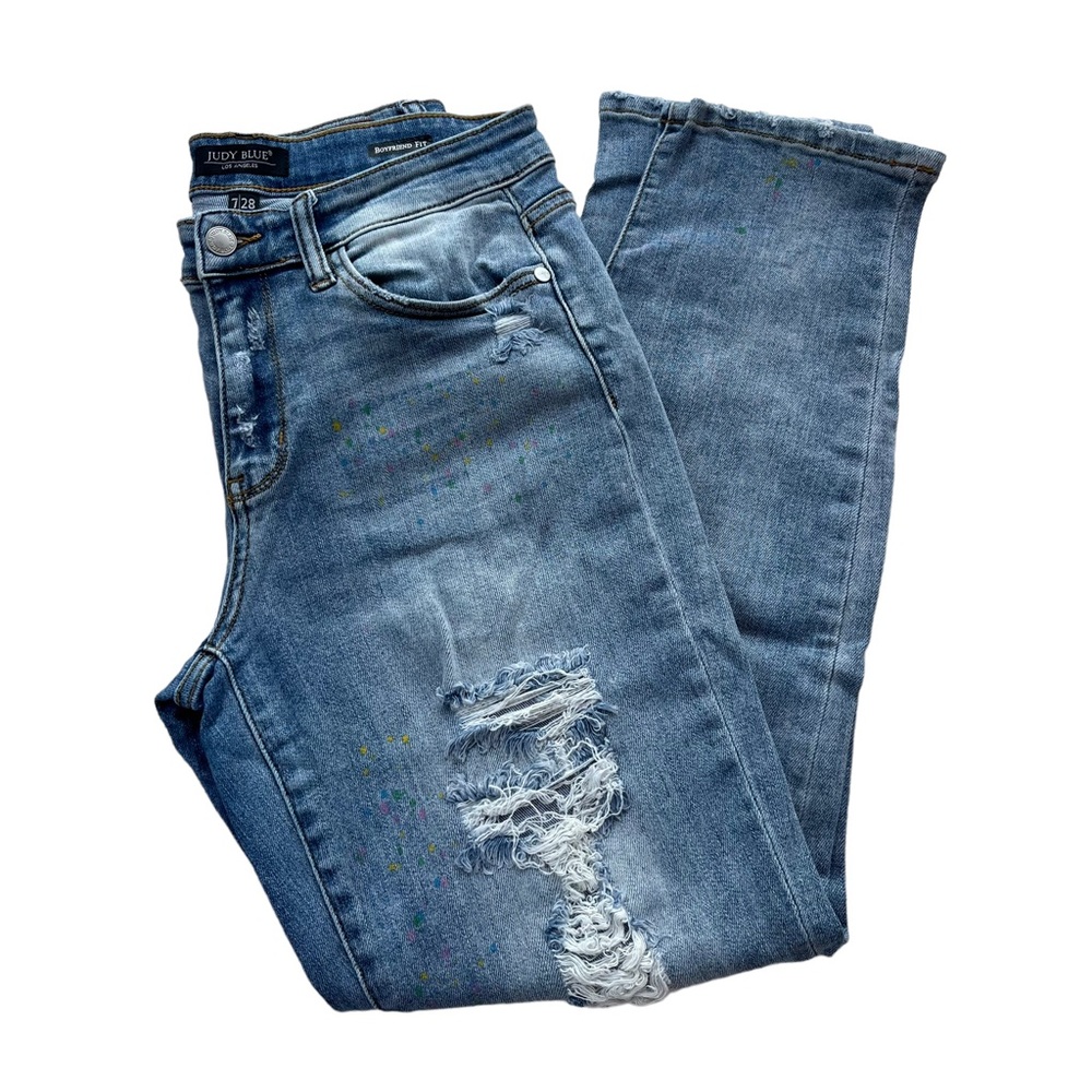 Judy Blue Women’s 7 MultiColor Paint Splash Destroyed Boyfriend Jeans #JB82245LT